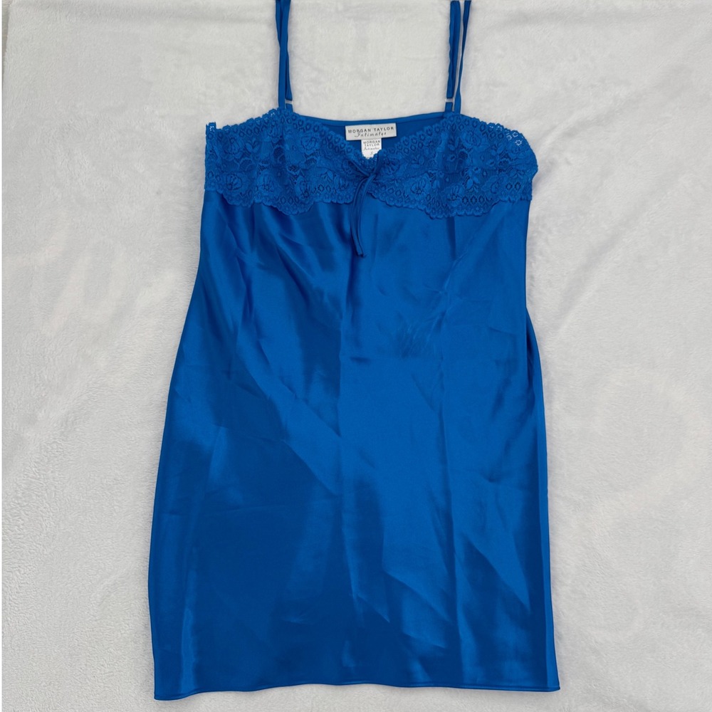 Morgan Taylor Intimates Royal Blue Satin Lace Chemise Nightgown Slip Dress Y2K